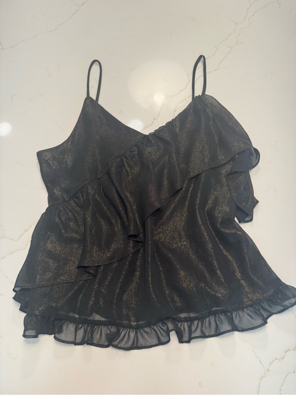 Shimmery Black & Gold Ruffle Cami Tank Top